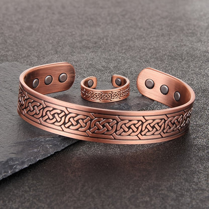 2Pcs Magnetic Copper Bracelet and Ring Set for Men, Adjustable Celtic Design, Natural Anti-Inflammatory Jewelry, Ideal for Christmas Gifts