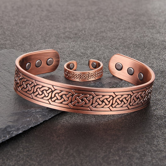 2Pcs Magnetic Copper Bracelet and Ring Set for Men, Adjustable Celtic Design, Natural Anti-Inflammatory Jewelry, Ideal for Christmas Gifts