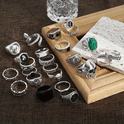 24pcs Silvery Vintage Men's Ring Set with Skull and Heart Snake Gothic Style Rings