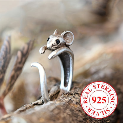 3.5g 925 Sterling Silvery Retro Boho Mouse Design Adjustable Ring for Men and Women, Party Vacation Hip-Hop Trendy Accessory