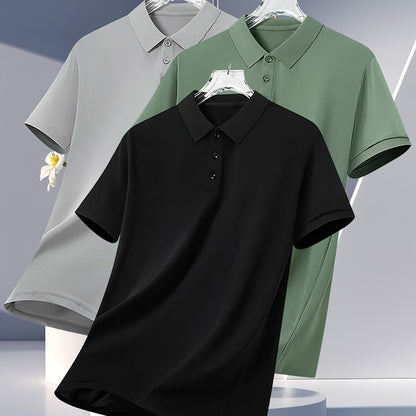 3pcs Men's Summer Shirts - Breathable Short Sleeve Casual & Business Casual Tops with Classic Collar, Loose Fit, Solid Color (Navy\u002FOlive\u002FBlack) - 2025 Trending Styles