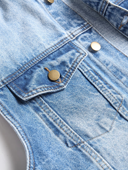 Veste en jean décontractée pour homme, mélange de coton, non extensible, couleur unie, sans manches, col à revers, coupe standard, tissée avec détails de poches