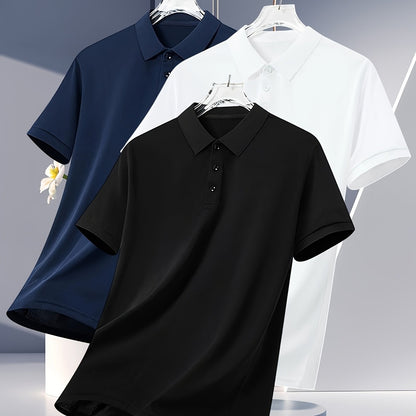 3pcs Men's Summer Shirts - Breathable Short Sleeve Casual & Business Casual Tops with Classic Collar, Loose Fit, Solid Color (Navy\u002FOlive\u002FBlack) - 2025 Trending Styles