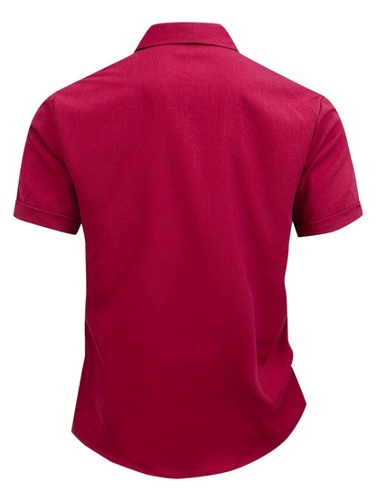 Men's red solid color shirt short sleeved casual shirt Men's invisible button shirt beach casual party summer camping fishing outdoor shirt