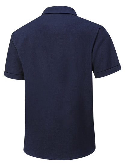 Men's Navy Blue Casual Short-Sleeve Shirt with Invisible Button Detail - Perfect for Beach, Summer Parties, Camping, and Outdoor Activities, Beach Party Attire | Mandarin Collar Shirt | Solid Color Top