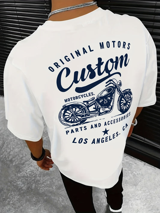 Men's Original Motorcycles Graphic T-Shirt - Casual Street Style Short Sleeve Crewneck Tee, White with Blue Print, Polyester Blend, Los Angeles Parts & Accessories Design