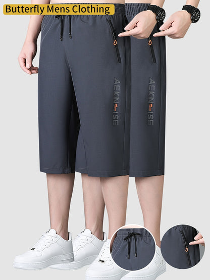 2pcs Men's Mid-Thigh Athletic Shorts with Drawstring & Zipper Pockets - Stylish Letter Print Design, Black & Navy Blue, Perfect for Gym, Casual Wear, Yoga, and Outdoor Activities, Modern Sports Apparel | Durable Sportswear