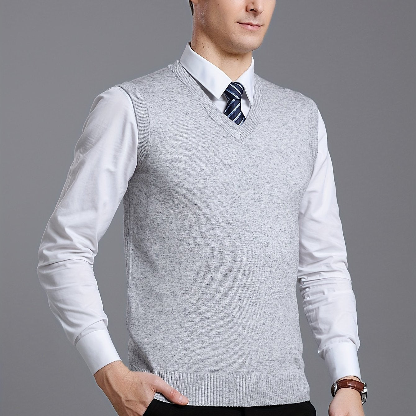 Gilet Homme Sans Manches en Laine Stretch - Texture Côtelée Élégante, Tricot Chaud pour Tenue Décontractée et Golf, Anniversaire - Noir