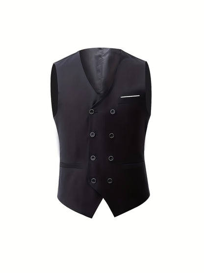 Gilet Sans Manches à Double Boutonnage pour Homme - Noir, Col en V, Léger et Élégant pour Affaires ou Occasions Formelles